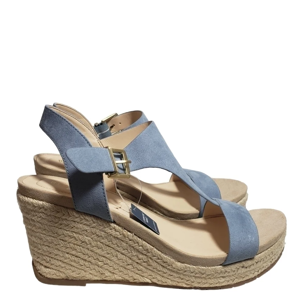 Reaction Kenneth Cole Card Sailboat Blue T-Strap Espadrille Wedge Sandal Sz 9M
